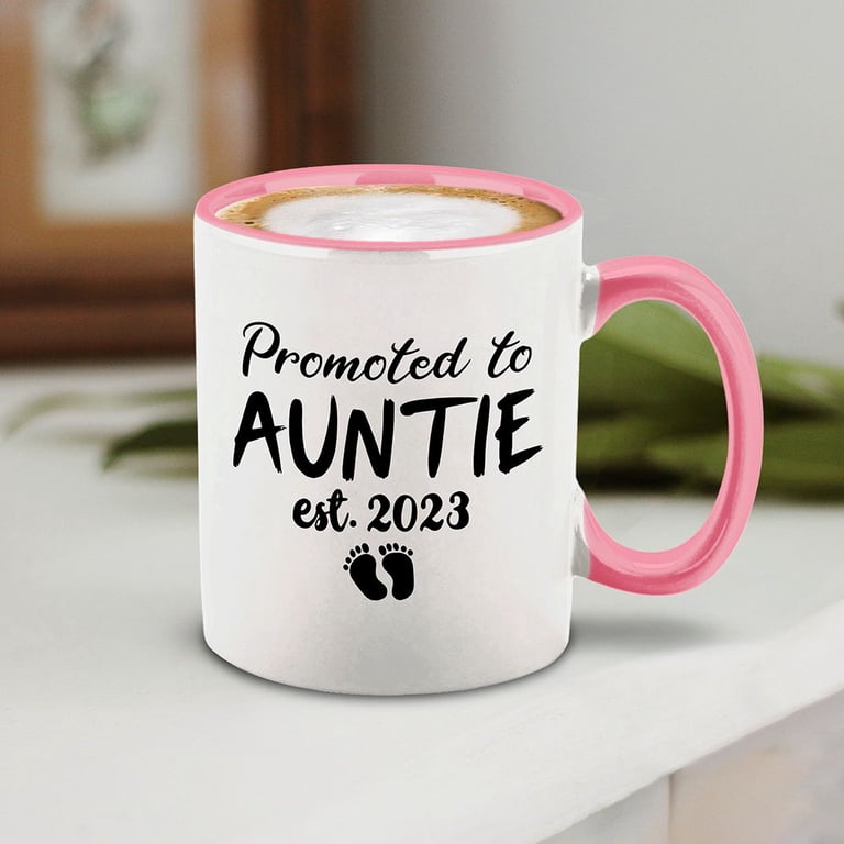 Shop4ever Promoted To Auntie Est 2023 Ceramic Coffee Tea Mug Cup 11 oz. Funny Gift for Her, New Aunt, New Auntie (Pink Handle 11 oz.)