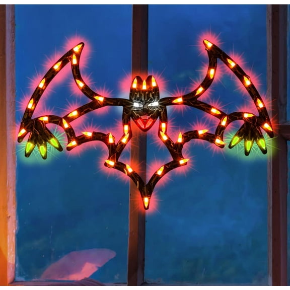 13.3-Inch Lighted Bat Halloween Window Silhouette Decoration | 50 Mini Lights on Brown Wire | Light-Up Hanging Ornament for Indoor/Outdoor Halloween Decor