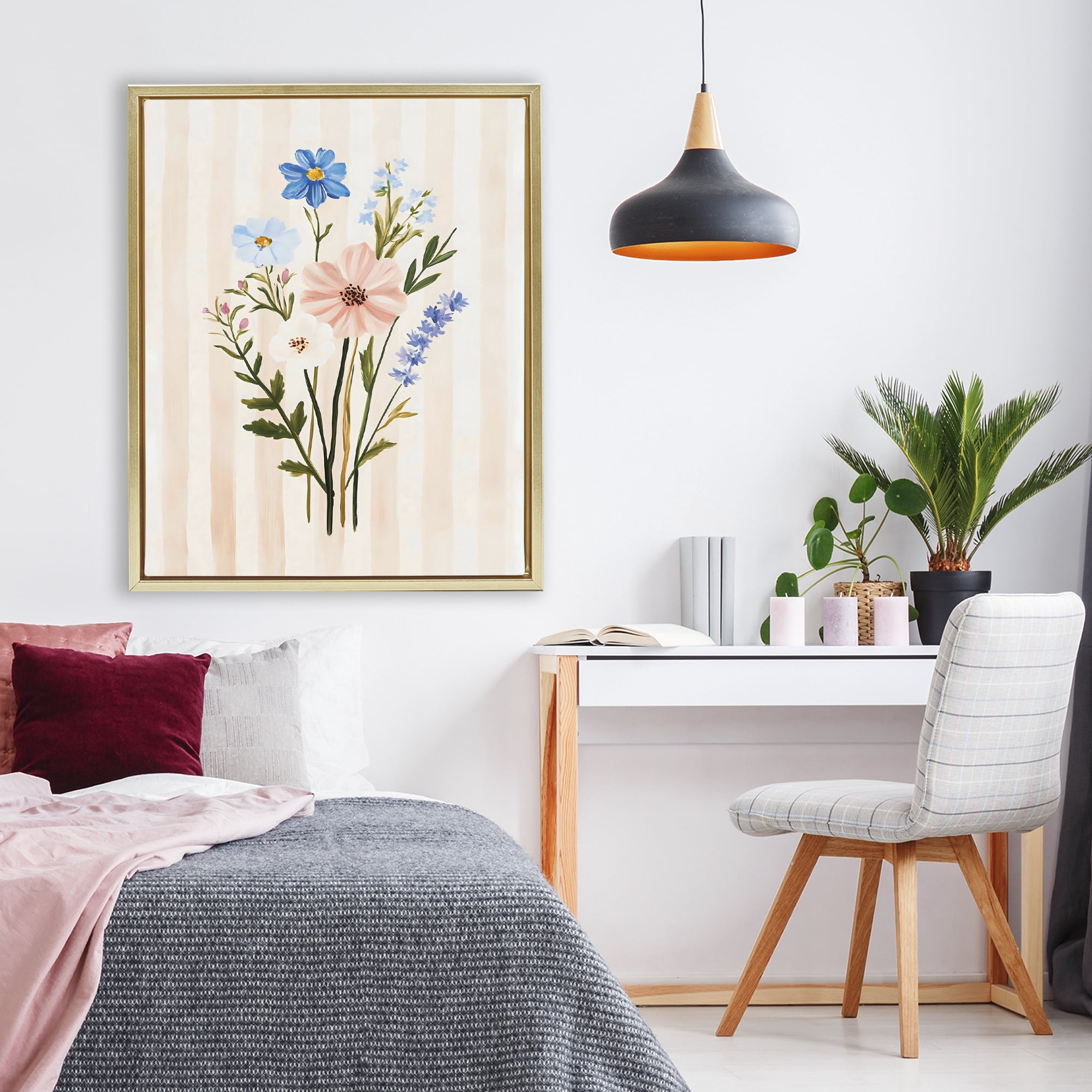 Stupell Industries Cream Stripe Florals Gold Framed Floater Canvas Wall Art, design by The Prints Vibe