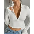 thumbnail image 2 of Women Long Sleeve Crop Tops Mock Turtle-Neck Tops Zip Up Crop Top for Women Fitted Cropped Shirts Trendy White M, 2 of 7