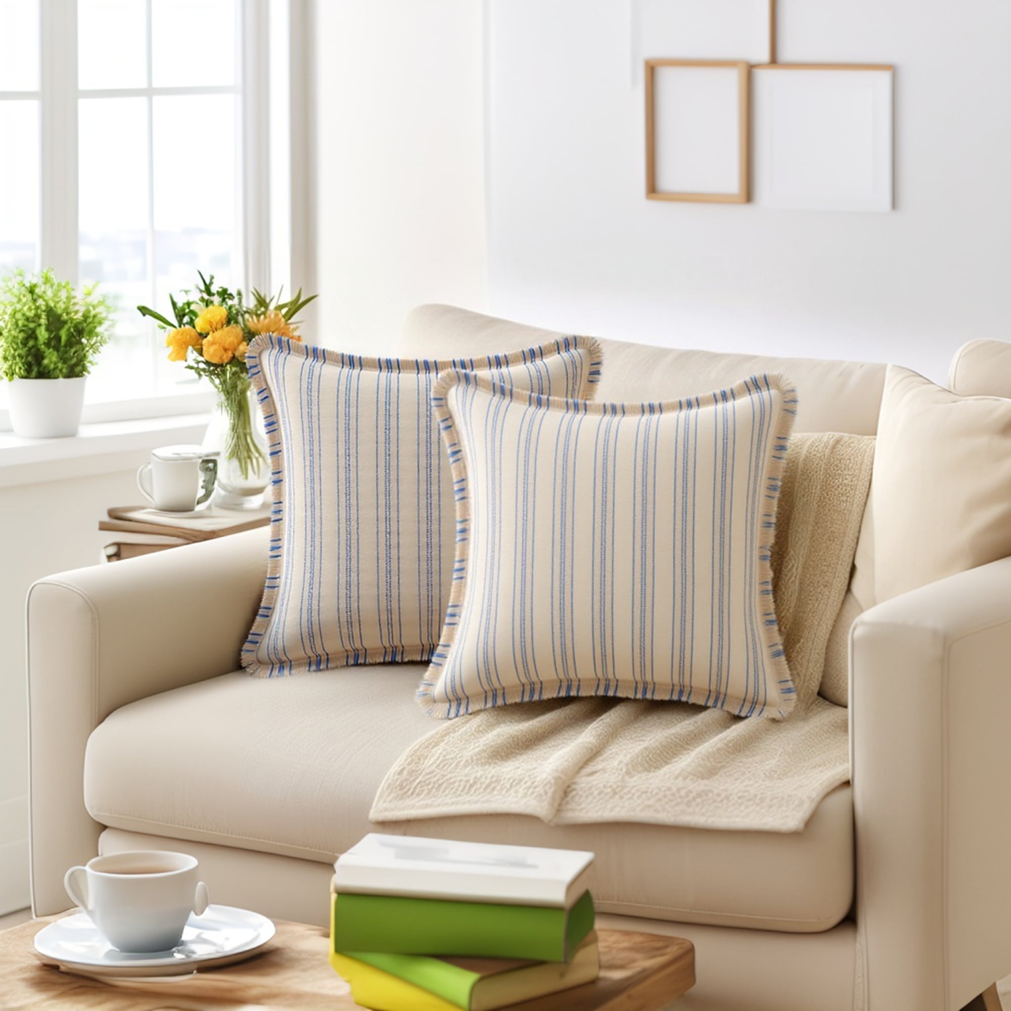 Unique Bargains Pack of 2 Striped Throw Pillow Covers with Tassel Edge Blue