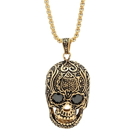 Crowned Skull Pendant - Men's Gold Tone Skull Pendant with Cubic Zirconia