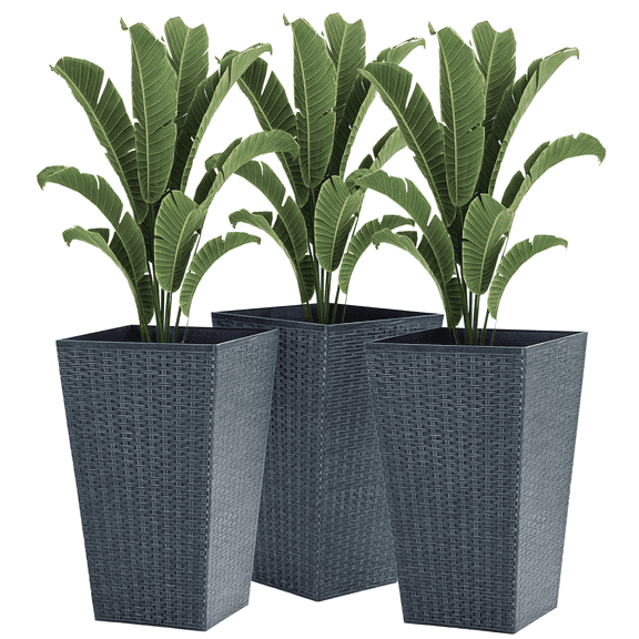 Rattan-Style Plastic Planters with Drainage Holes, Set of 3 - 24 Inch Height, Grey