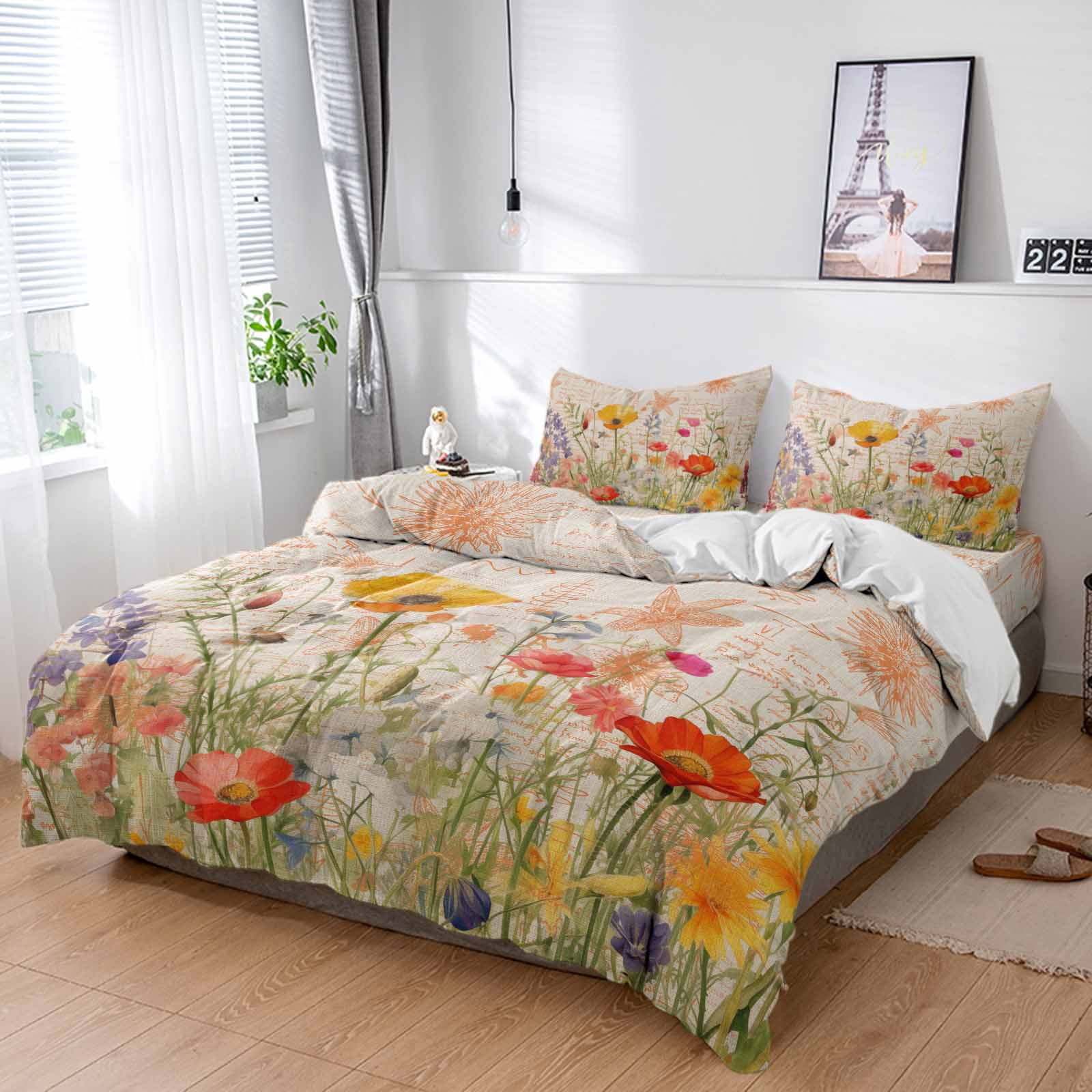Queen 4 Piece Bedding Set Watercolor Blossom Poppy Flower Soft Breathable Duvet Cover and Pillowcase, Retro Spring Floral Leaves Duvet Cover Set Bed Sheets for Bedroom Dormitory Guest Room
