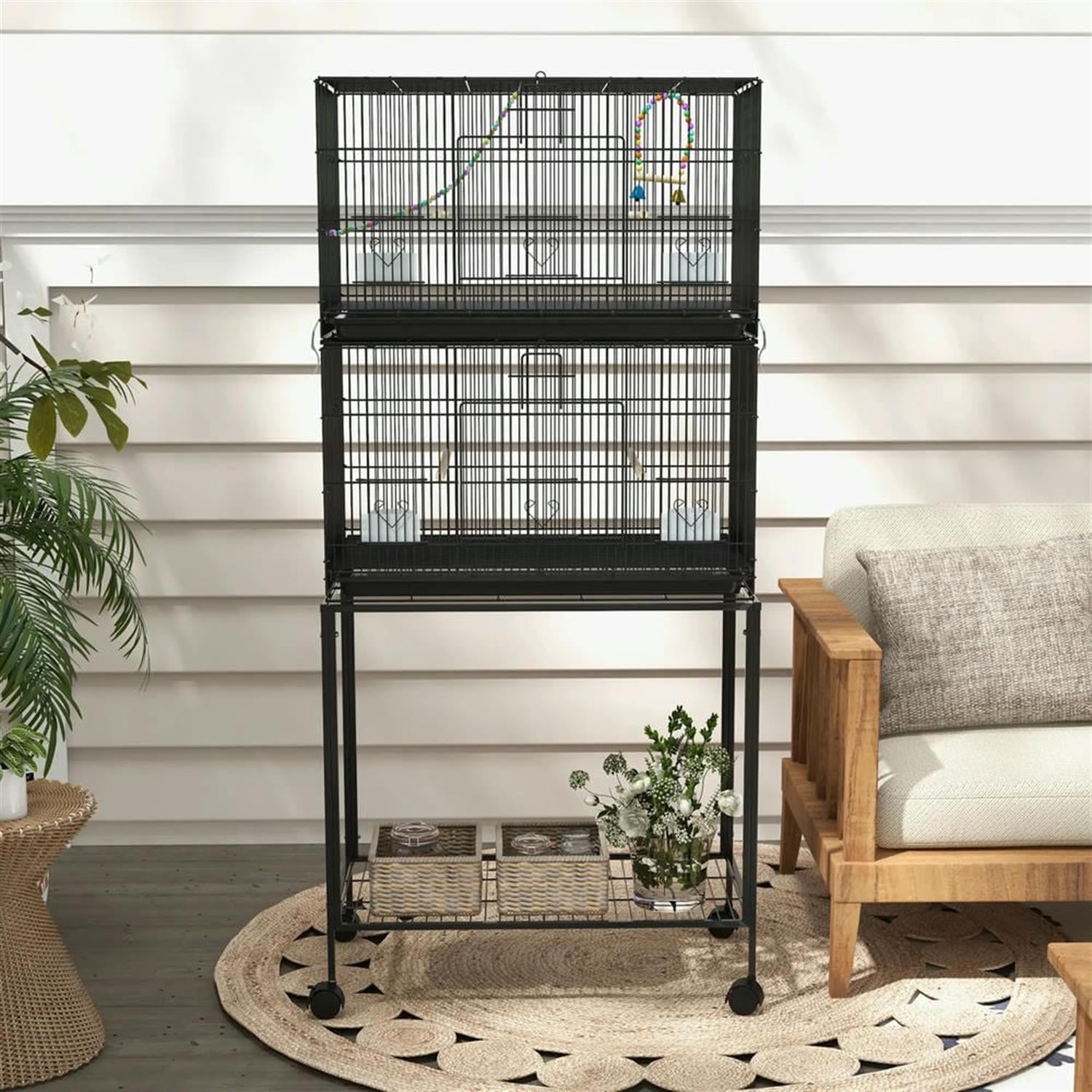Demi Bonn 64" Height Heavy Duty Travel Bird Cage Carrier with Rolling Stand for Parrots Conures Lovebird Cockatiel Parakeets, Black