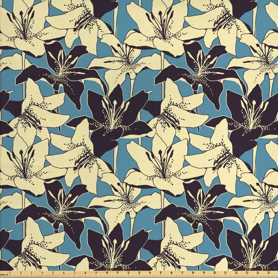 Floral Sofa Upholstery Fabric by the Yard, Continuous Retro Hand Drawn Lillies Flowers in Nostalgic Design Illustration, Decorative Fabric for DIY and Home Accents, Sea Blue and Cream by Ambesonne