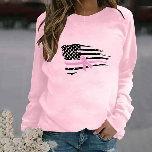 Luxalzxs Pink Ribbon Breast Cancer Shirt for Women American Flag Graphic Print Pullover Casual Long Sleeve Crewneck Sweatshirt October Cancer Fighter Shirts