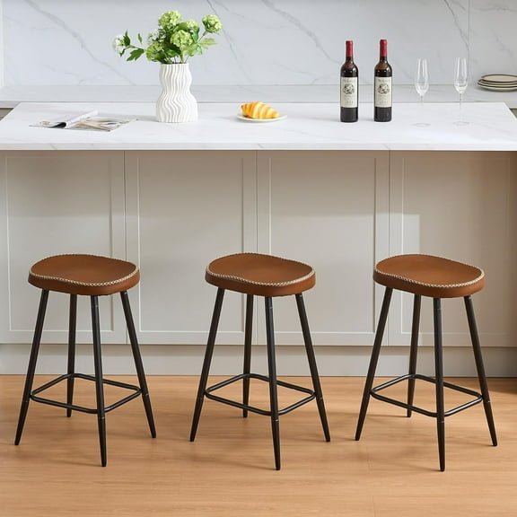 Counter Stools Set of 3, Backless Faux Leather Counter Height Stools, 24 inch Saddle Stools Barstools for Kitchen Island, Brown