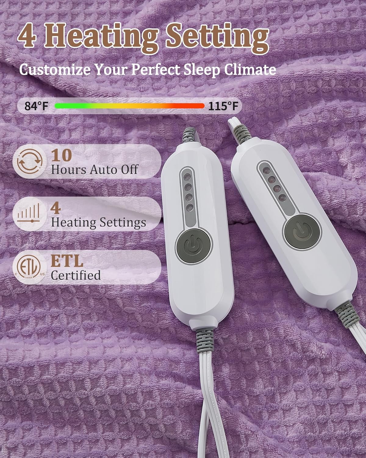 GARVEE Electric Blanket Queen Size with Dual Control,90"x84" Soft Flannel Waffle Heated Blankets,4 Heating Levels & 10 Hours Auto Off,Purple