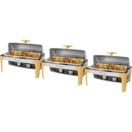

ROVSUN 9 Quart 3 Packs Roll Top Chafing Dish Buffet Set Gold Accent