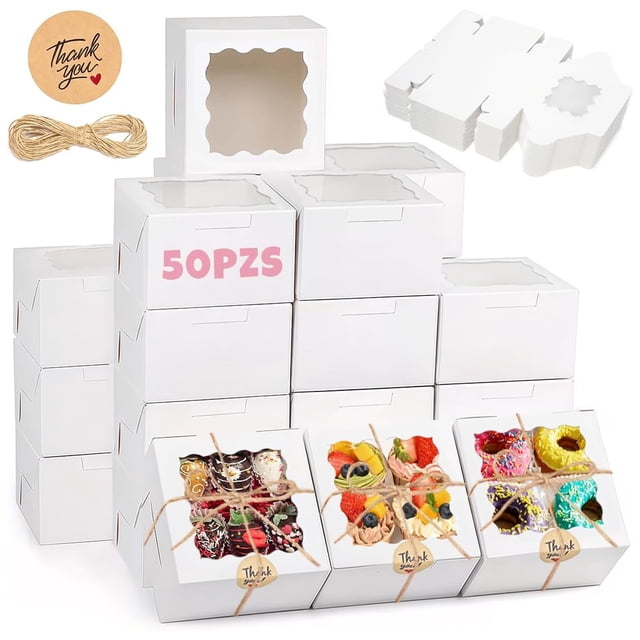 Paquete de 50 Cajas de Postres con Ventana Transparente, Cajas de Repostería Portátiles para Cupcakes, Muffins, Donas y Galletas, Ideal para Cumpleaños, Bodas y Fiestas
