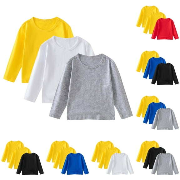 Ulanda 3 Pack Girls Boys Long Sleeve Shirts Toddler Kids Cotton T-Shirt Basic Crew Neck Top Solid Color Tees Casual Tshirt (White, 8-10 Years)