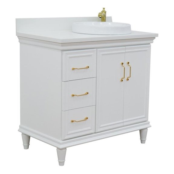 37 in. Single Wooden Vanity  White White Quartz Round Right Door.Right Sink
