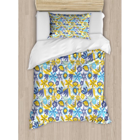 Floral Duvet Cover Set Twin Size, Abstract Flowers Chrysanthemum Design and Tender Butterflies, Decorative 2 Piece Bedding Set with 1 Pillow Sham, Earth Yellow Blue and Dark Indigo, by Ambesonne