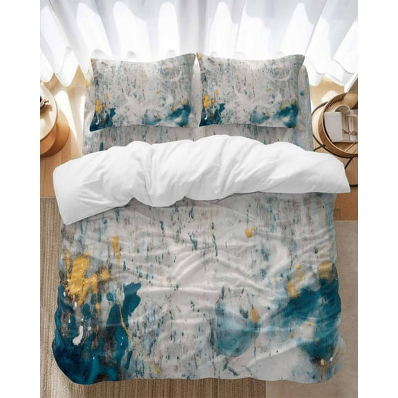 Teal Grey Abstract Art Bedding Duvet Cover Set Full Size 4 Pieces Modern Graffiti Texture Retro Bedding Set with Zipper Closure, 1 Comforter Cover 86x86 Inches 1 Flat Sheet & 2 Pillow Cases