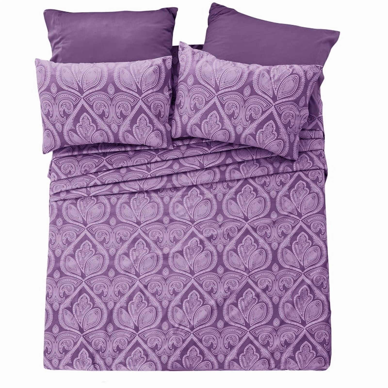 Lux Decor Collection Paisley Printed Queen Bed Sheets Set, Microfiber 6 Piece Bedding Set - Purple