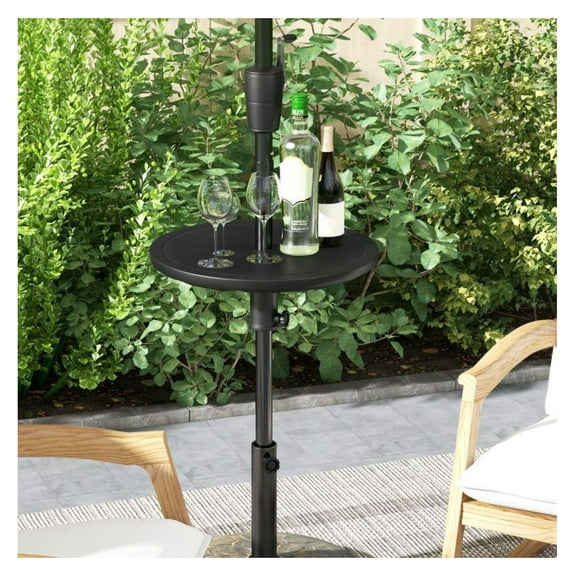 20" Outdoor Umbrella Table - Adjustable Patio Side Table with 1.5" Pole Hole - Portable Beach Umbrella Tray - Waterproof PE Wood-Look Tabletop
