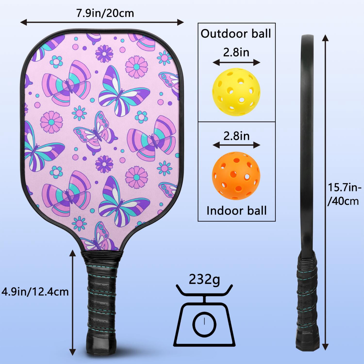 Pickleball Paddles Set Of 1, Fiberglass Surface, Boho Butterfly Decor, 1 Paddle, 2 Balls & Bag