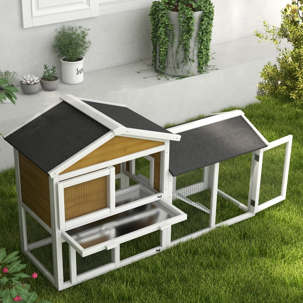 AUU PawHut 58" Wooden Rabbit Hutch for Guinea Pigs, Small Animal Enclosure with Run Area, Removable Tray, Asphalt Roof, Lockable Doors & Ramp, Nature Wood Finish