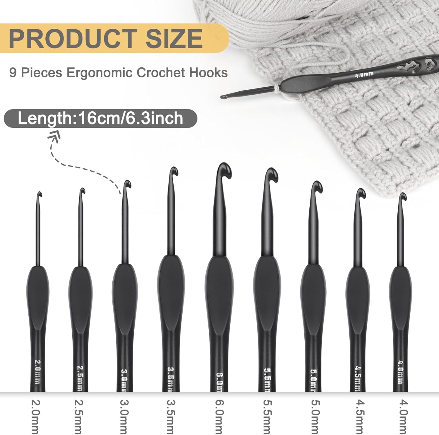 ABCISI 9 Sizes Crochet Hooks, Ergonomic Soft Grip Aluminum Crochet Hook Set, Black Plastic Crochet Needles for Arthritic Hands Beginners Kids Adults Ideal Crochet Lovers Gift 2.0mm(B)-6.0mm(J)