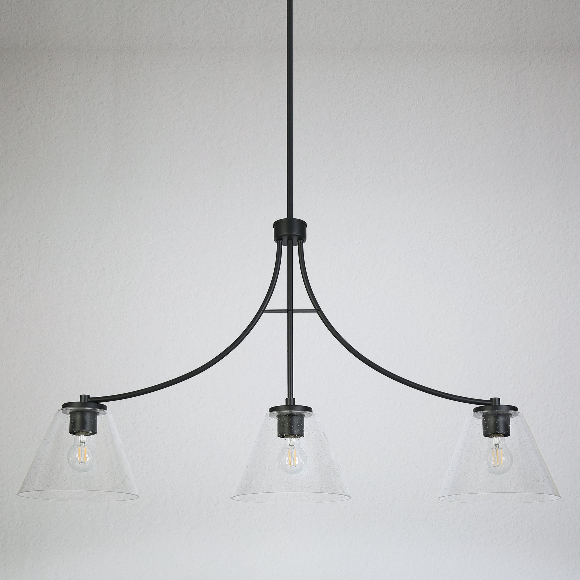 LNC Pulpmille 3 -Light 42''L Matte Black and Seeded Glass Farmhouse Seeded glass Linear Large Hanging Kitchen Island Light