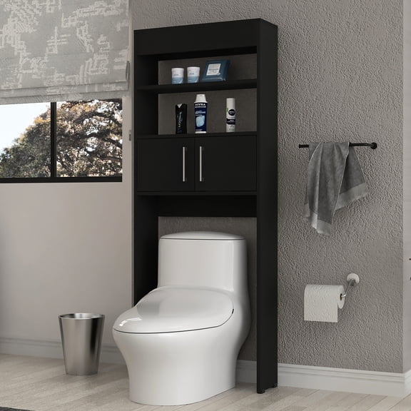 Over Toilet Cabinet In Black - 2 Doors, Shelves, Sophisticated Storage Modern Design
