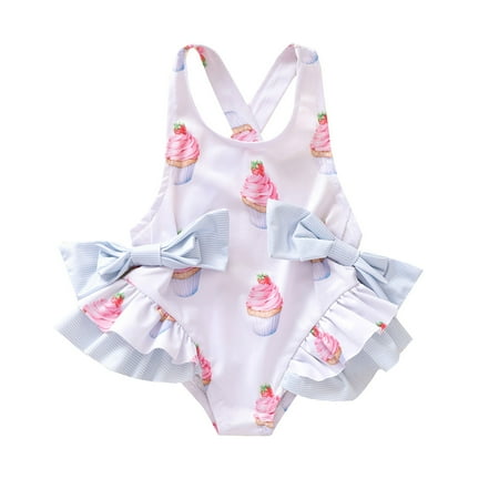 

Girls One Piece Swimsuit Bow Ice Print Backless Bathing Suit Size 6 Months-5 Years