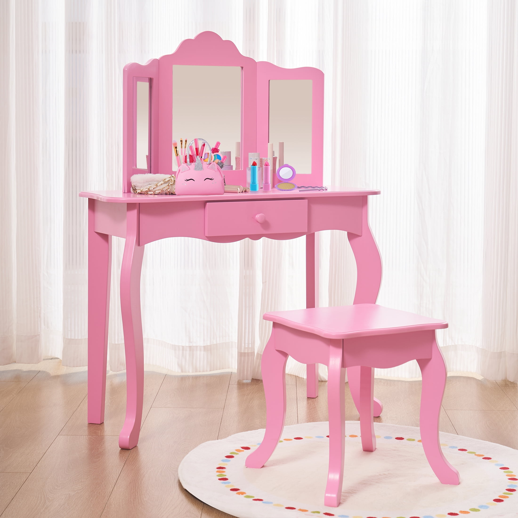 Your Zone Kids Wooden Vanity Table And Stool Set With 3 Mirrors,Pink,3 Year Old Up