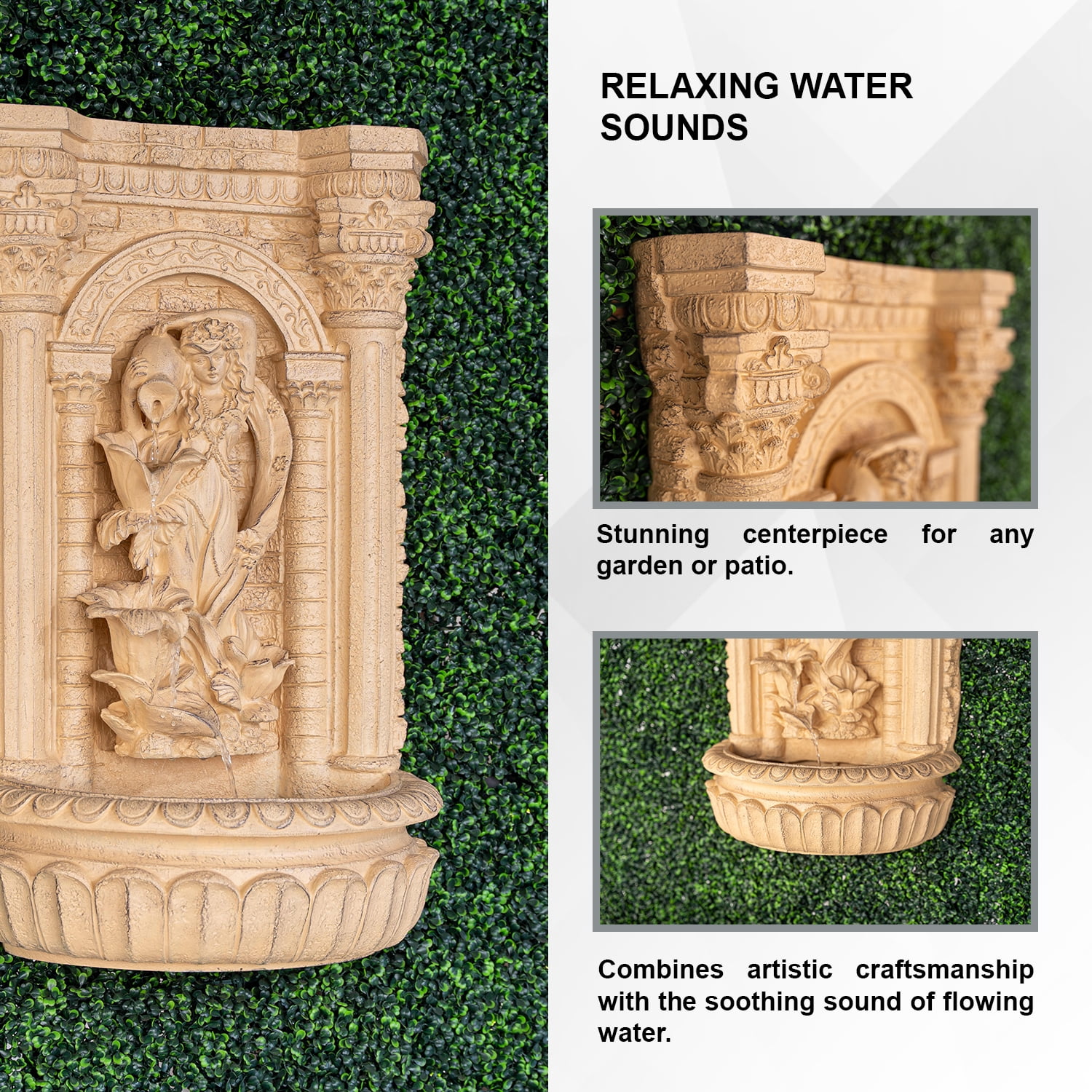 XBrand 30.3" Solar Pot Fountain, Tall Brown Maiden Holding Pot Wall Fountain, Outdoor Water Fountain, Polyresin