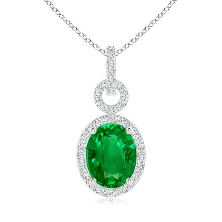 ANGARA Lab Grown 1.5 Ct Oval Emerald Drop Pendant with Diamond Halo for Women in 14K White Gold (Size-9x7mm) | May Birthstone Anniversary Jewelry Gift for Women | Lab-Grown Emerald Necklace