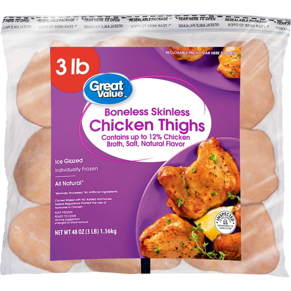 Great Value All Natural Boneless Skinless Chicken Thighs, 3 lb (Frozen)
