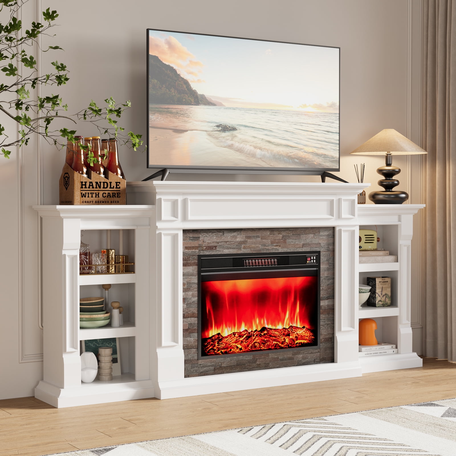 80" Fireplace Mantel with 30" Electric Fireplace and Bookshelves, Wooden Storage Freestanding Heater with Remote Control,White
