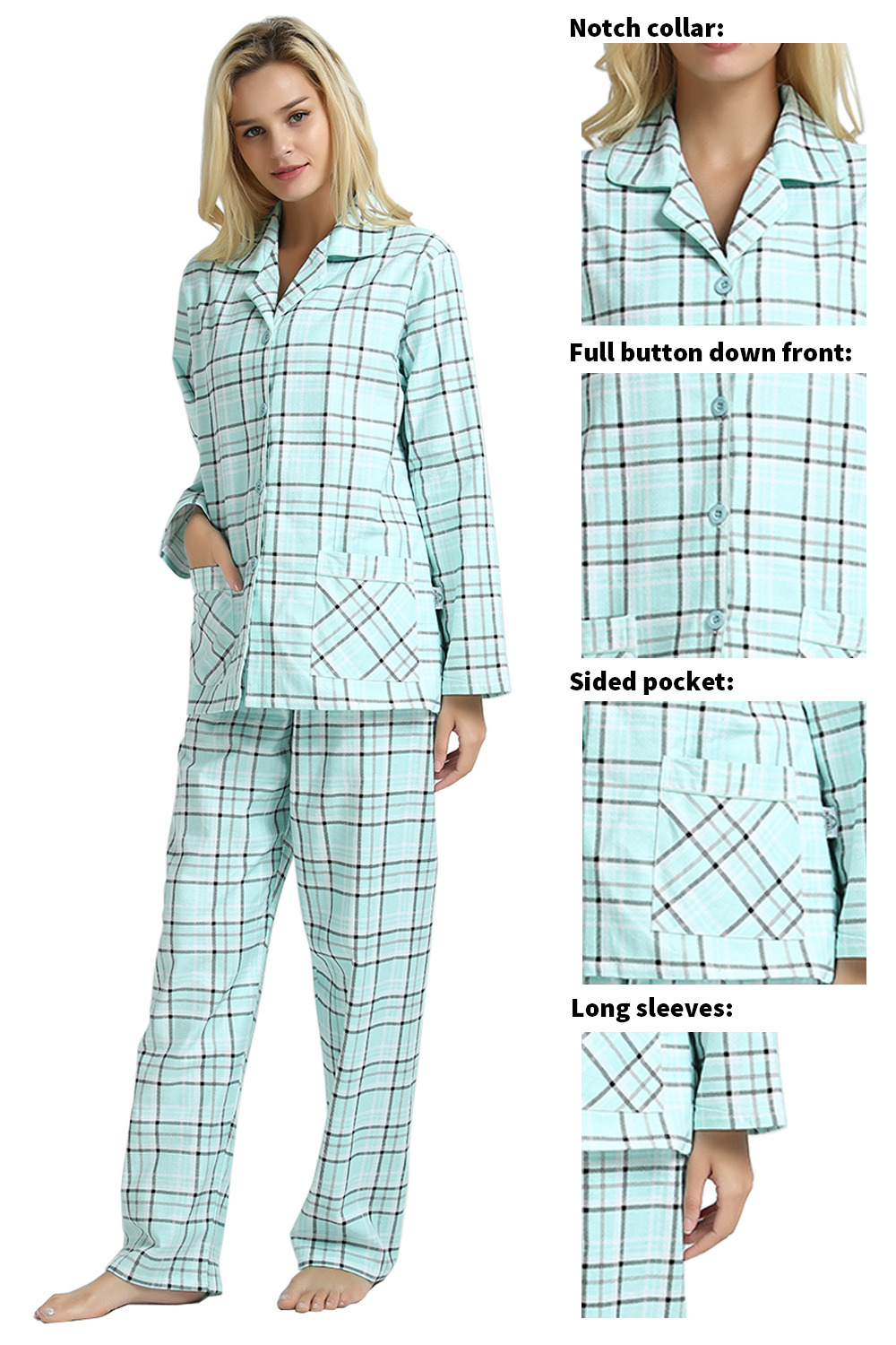GLOBAL Women's Flannel Pajama Set, 100% Cotton photo 5