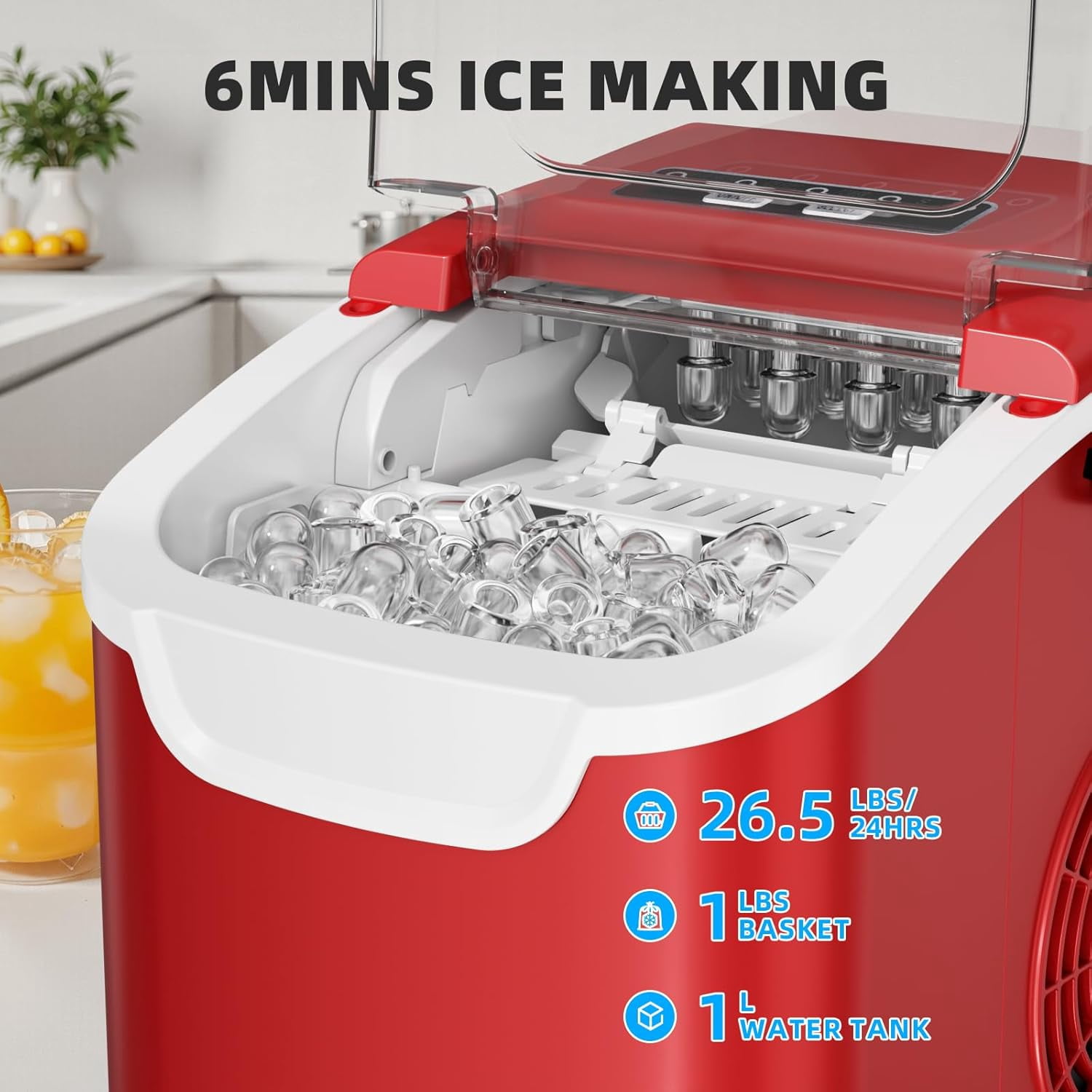 WAA 26.5 lbs/Day Countertop Ice Maker,9 Pcs in 6 Mins Portable Compact Ice Machine,Self-Cleaning Electric Ice Maker with Handle for Kitchen,Office,Home Bar,Party & RV