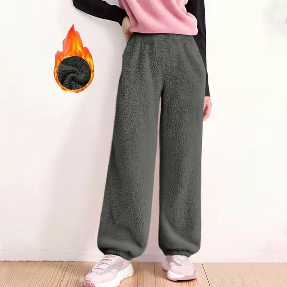 Mifsaly Boys Girls Fuzzy Fleece Pants Kids Winter Athletic Joggers Soft Cozy Thick Warm High Waist Sweatpants with Pockets Back-to-School Unisex Loungewear