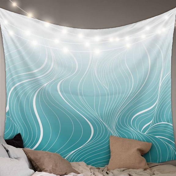 Aqua Blue Geometric Tapestry for Bedroom Wall Hanging Tapestry, Modern White Stripe Distortion Art Ceiling Backdrop Tapestries Poster Blanket Wall Decor for Teens Room Living Room Dorm 55" x 73"