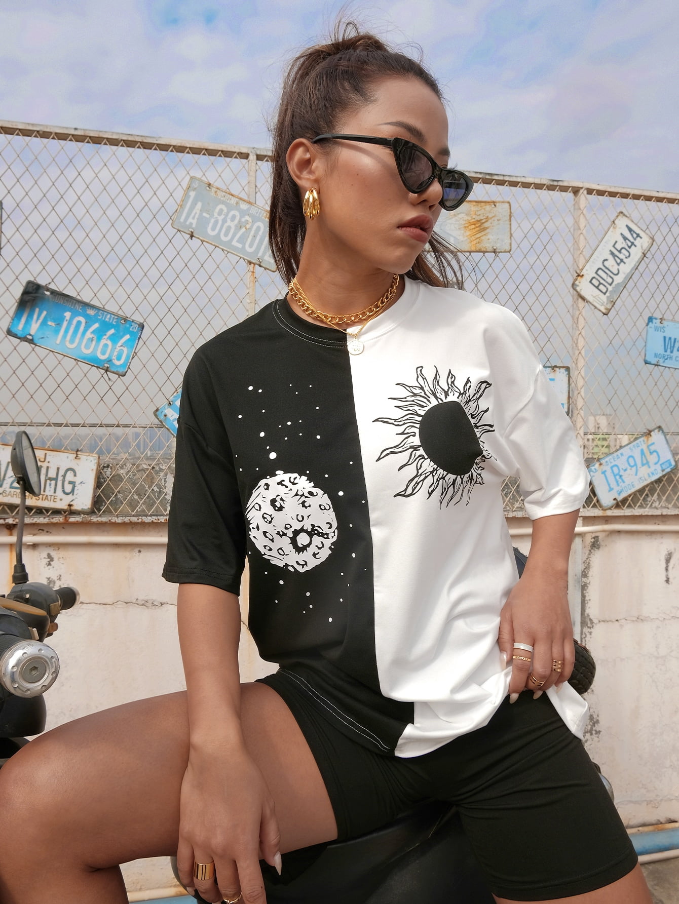 Black and White Sun Moon Print Two Tone 