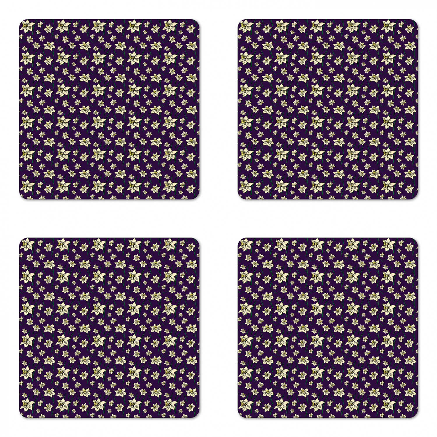 Floral Coaster Set of 4, Repeating Cartoonish Design Daffodil Flowers Botanical Art, Square Hardboard Gloss Coasters, Standard Size, Dark Purple Cream, by Ambesonne - image 1 of 2