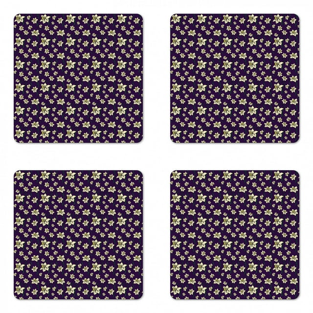 Floral Coaster Set of 4, Repeating Cartoonish Design Daffodil Flowers Botanical Art, Square Hardboard Gloss Coasters, Standard Size, Dark Purple Cream, by Ambesonne