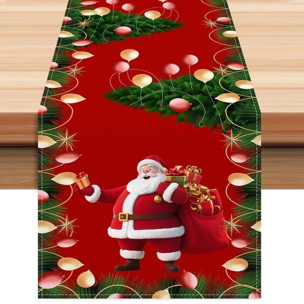 Uuiauoio Red Christmas Table Runner Santa Claus Print Festive Holiday Decor for Dining Coffee Kitchen Tables Spill Resistant Easy Clean Material Party Gathering Decoration Gift
