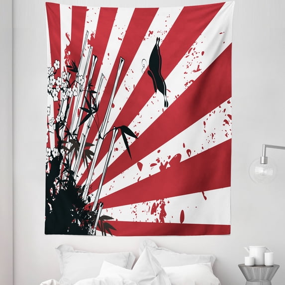 Chinese Art Tapestry, Japanese Spring Butterfly Cherry Blossoms Bamboos Flowers Rays, Fabric Wall Hanging Decor for Bedroom Living Room Dorm, 5 Sizes, Burgundy White Dark Grey, by Ambesonne