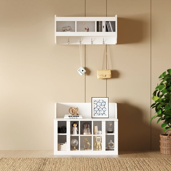 MAYEERTY Elegant Hall Tree: Shoe Bench with Shelves, 4 Hooks, Wall Mount, Entryway Organizer For Hallway, White