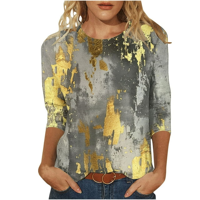 HKEJIAOI T-Shirts à Manches 3/4 pour Femmes à Imprimé Floral, Col Rond, Coupe Ample, T-Shirts Décontractés Mode, Chandails à Enfiler, Gris-C L