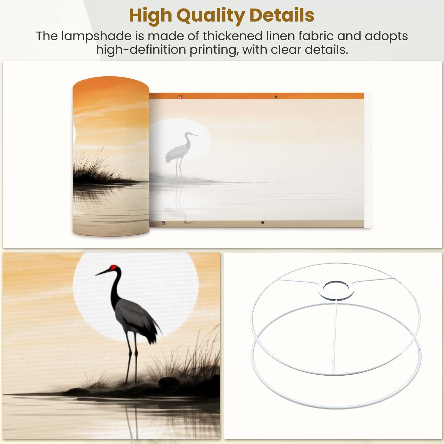 Linen Drum Lampshades Solitary Crane Silhouette Sunrise Waters Wildlife Oriental 13"x13"x10" Light Shade for Table Lamps Floor Lamp Shades Lampshade Replacement Assembly Required