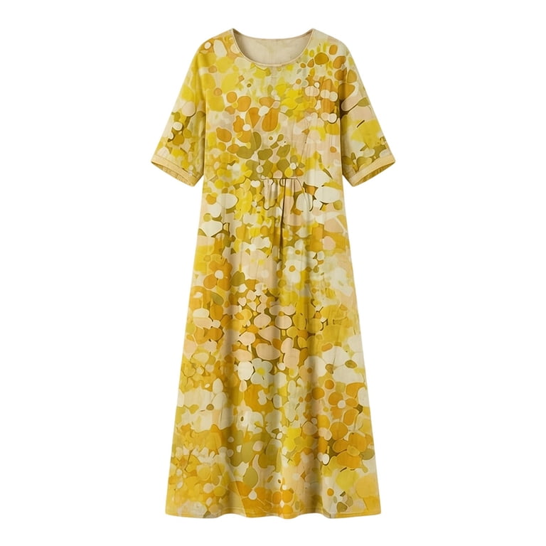 MNCEKFOD Women's Casual Printed Short Sleeve Summer Dress Flowy Swing Knee Length Beach Outfit Yellow M, Size: Medium