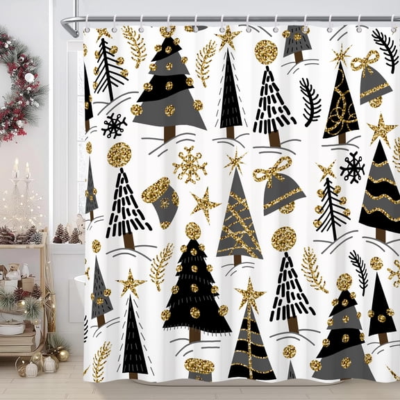 Christmas Shower Curtain Black Gold Winter Xmas Tree Bath Curtain Modern Holiday Bathroom Decor 72 x 72 Inches