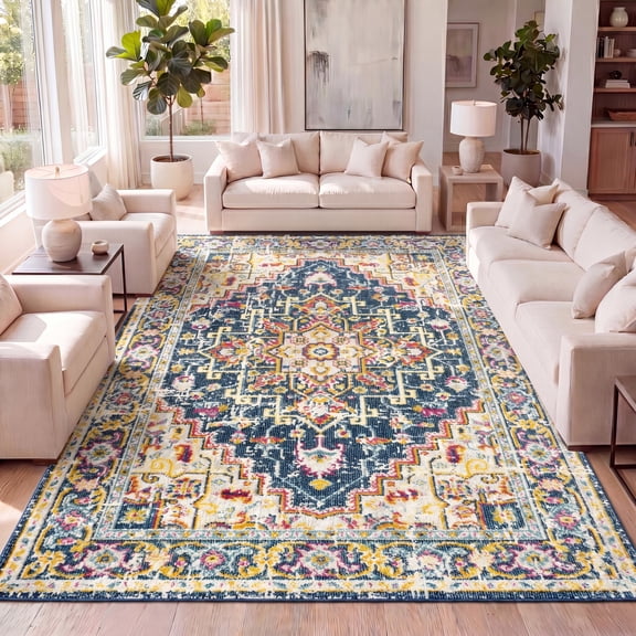 JONATHAN Y MODERN PERSIAN 5 x 8 Area Rug, Brooklyn Geometric Medallion - Blue/Beige, MDP207A-5