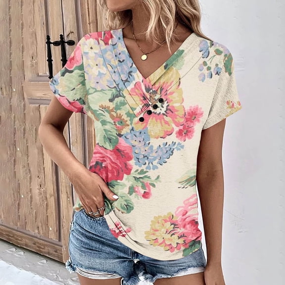 Kayannuo Womens Blouses Short Sleeve T Shirts for Women Valentine's Day Women's V-Neck Fashion Casual Short-Sleeved Spring And Summer Top