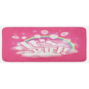 Gender Reveal Kitchen Mat, Its a Girl Words with Rainbow Balloons and Clouds Happy Birth, Plush Decorative Kitchen Mat with Non Slip Backing, 47" X 19", Pale Pink, by Ambesonne