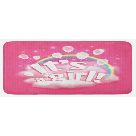 

Gender Reveal Kitchen Mat Its a Girl Words with Rainbow Balloons and Clouds Happy Birth Plush Decorative Kitchen Mat with Non Slip Backing 47 X 19 Pale Pink by Ambesonne
